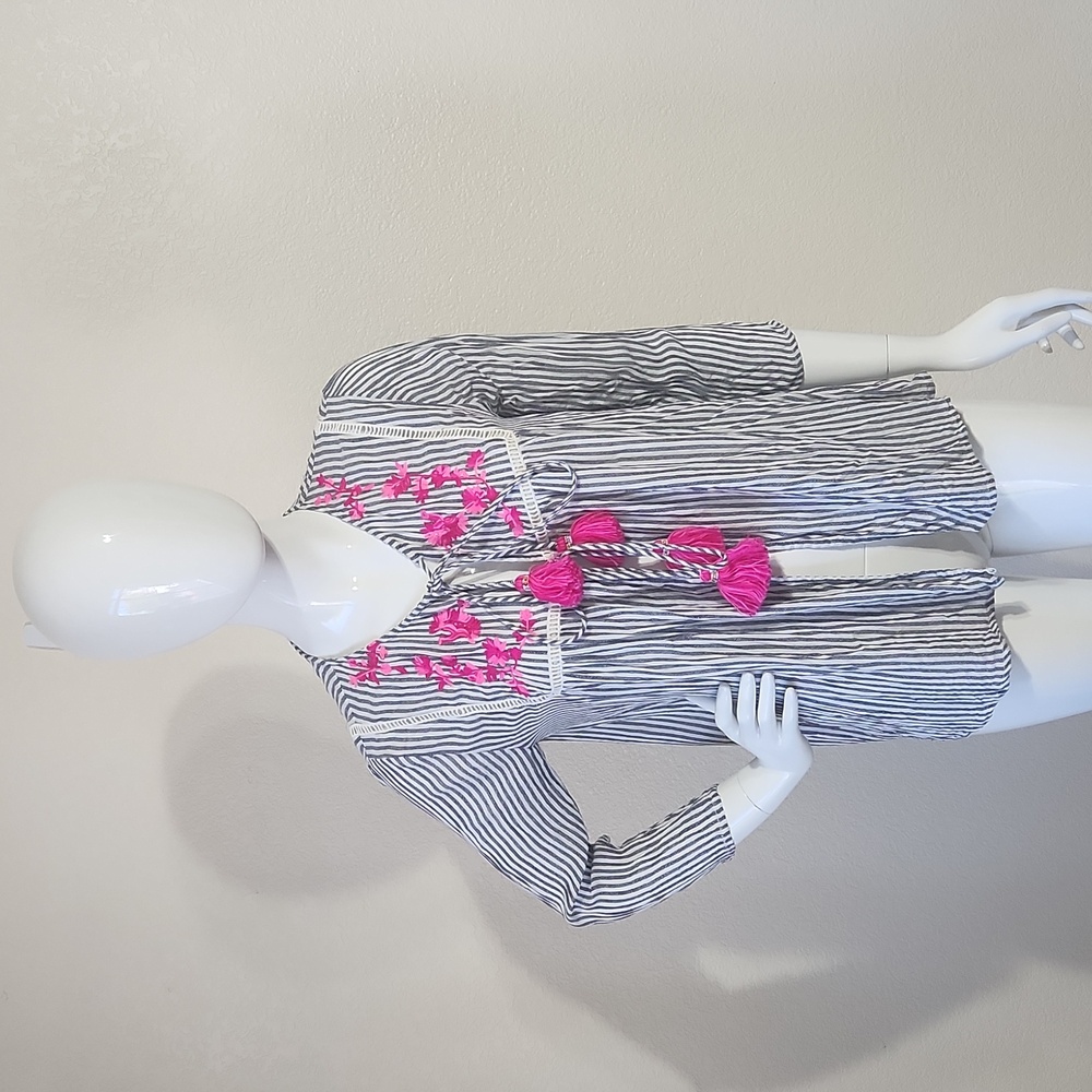 Hermant & Nandita Striped Tassel Embroidered Tie Front Cardigan Anthro Size Sm